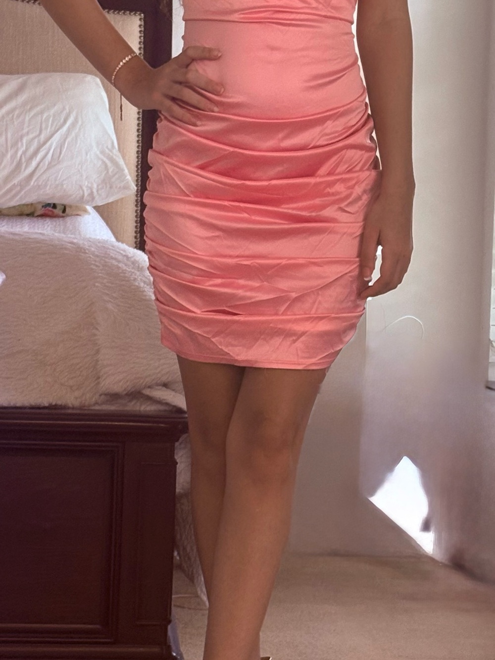 Fashion Nova Coral Pink Ruched Satin Mini Dress